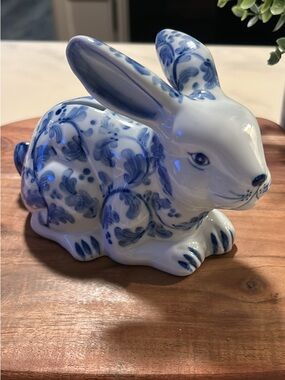 Andrea by Sadek Blue and White Porcelain Rabbit Coin Bank